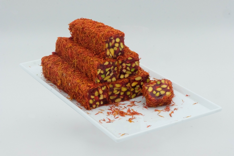 Saffron Coated Turkish Delight with Pomegranate and Pistachio